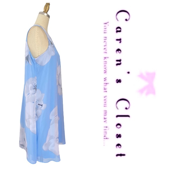 Calvin Klein Powder Blue Floral Print Chiffon Trapeze Sleeveless Dress - Picture 5 of 10